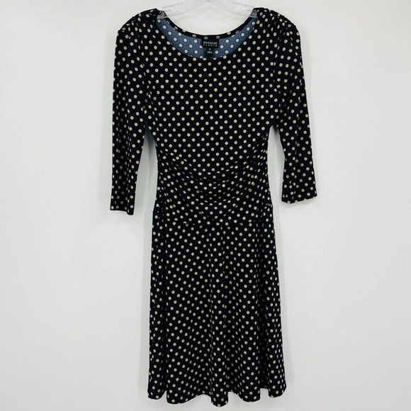 Enfocus Studio Womens 4 Blue Cream Polka Dot Dress 3/4 Sleeve Stretch - Picture 1 of 8